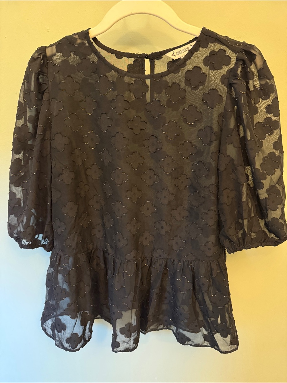 Nanette Lepore Black Floral Applique Peplum Blouse